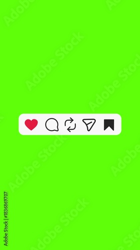 Vertical Reels UI Reaction Buttons – Like, Comment, Share, Send, Save | 4K Green Screen