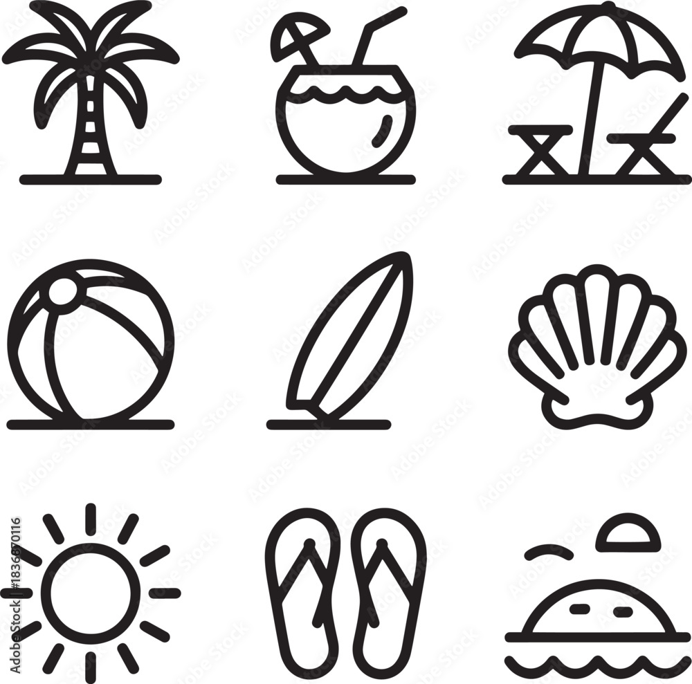 Fototapeta premium Outline icons set representing summer vacation beach activities and tropical holiday items