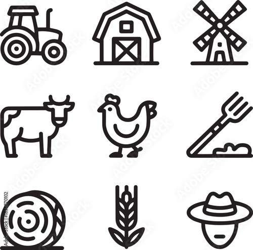 Outline icons set representing farming agriculture livestock and rural life elements
