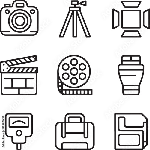 Photo and video production equipment line icon set featuring professional visual content creation tools
