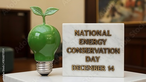 Green light bulb with leaves and National Energy Conservation Day December 14 sign symbolizing ecofriendly energy.