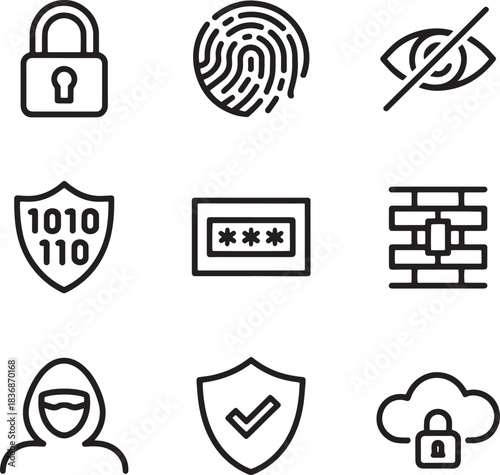 Security and protection icons set featuring lock fingerprint invisibility shield hacker password firewall