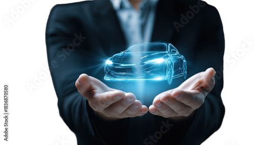 Hands holding a glowing blue futuristic car hologram against a dark background