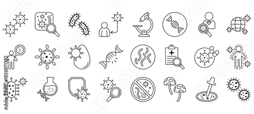 Microbiology icon set, study of microbe, bacteria and virus, disease and infection vector symbol. EPS 10