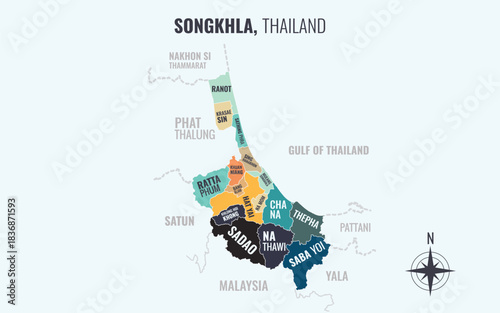 A map showing Songkhla Thailand divided into districts in a minimalist colorful style