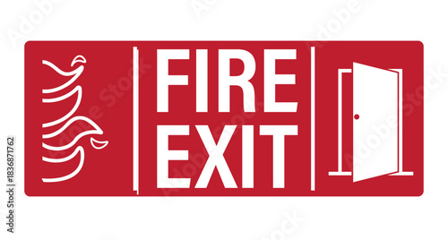 Printable emergency exit pictogram with running figure and flames, fire escape direction for building safety, evacuation guidance, and emergency signage awareness.