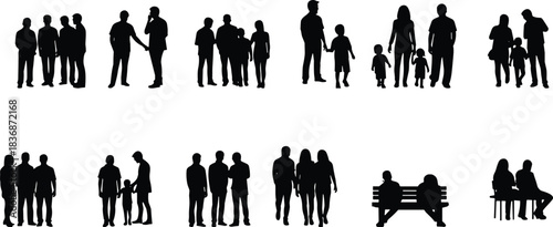 Silhouettes of diverse people in public spaces, families, couples, friends interacting, walking, sitting, bonding, urban lifestyle, flat vector illustration
