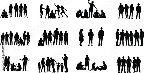 Silhouettes of people in social groups, standing, sitting, talking, gesturing, family and community interaction scenes, flat vector illustration