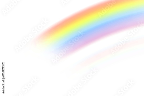 Soft glowing rainbow arc bending gently across the upper area, followed by faint pastel reflections fading into misty white space, suggesting warmth, comfort, imagination, and tranquil dreamlike movem