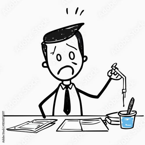 A frustrated businessman in a suit holds a dripping paintbrush over a bucket beside papers on a desk with a plain white background.