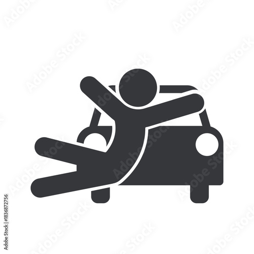 Isolated pictogram of a person hit by a car, symbolizing road accident danger, traffic safety warning, pedestrian hazard, and transportation risk awareness.