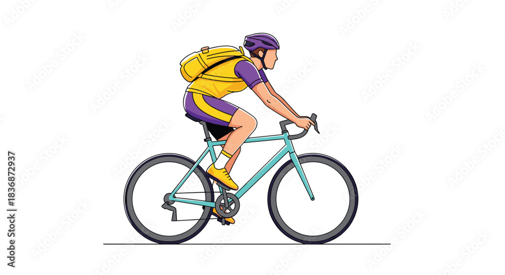Obraz premium An illustration of a fit cyclist wearing a helmet and carrying a yellow backpack while riding a teal road bike.