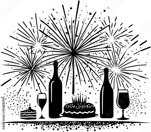 black and white celebration with fireworks clip art preview