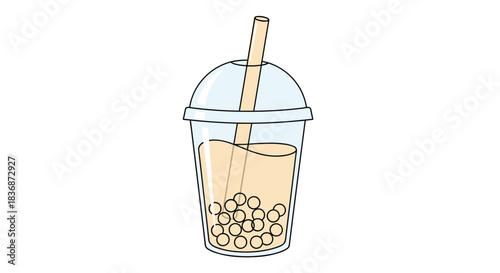 Minimalist cartoon illustration of a delicious bubble tea drink with brown pearls, a wide straw, and a domed lid on a white background.