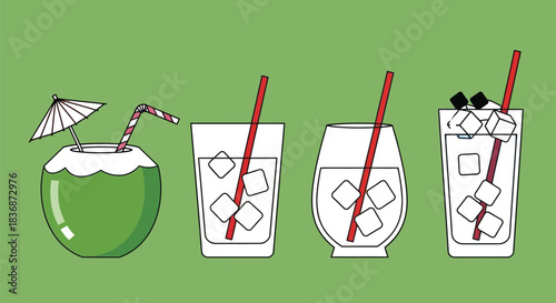 Four colorful cocktails with umbrellas and straws on green background