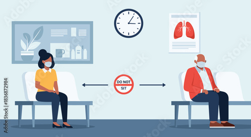 Two masked patients maintain social distance in a medical waiting room, following precautions with a 'do not sit' sign indicating space.