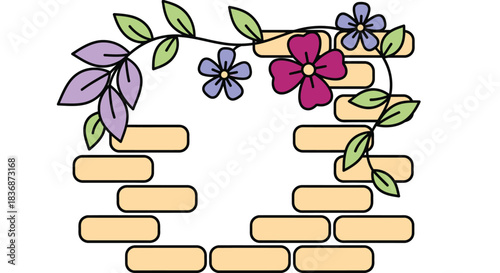 Colorful flowers and leaves on brick wall border