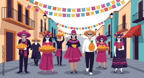 Joyful group of people with traditional Calavera makeup celebrating Day of the Dead in a lively, decorated Mexican village street.