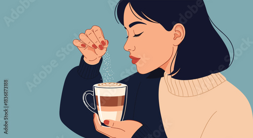 An illustrated woman adds a finishing touch to her layered coffee drink, sprinkling sugar or cinnamon with closed eyes and a content expression.
