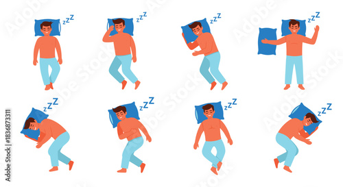 Eight diverse illustrations of a man sleeping peacefully in various comfortable and relaxed positions, demonstrating different sleep postures.