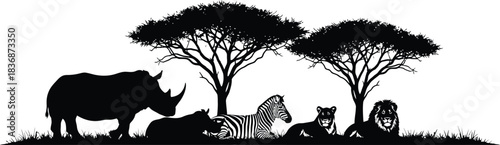 African wildlife silhouette featuring rhinos zebras and big cats