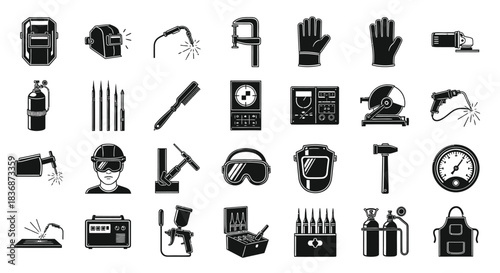 Black and white industrial tools and equipment icons set