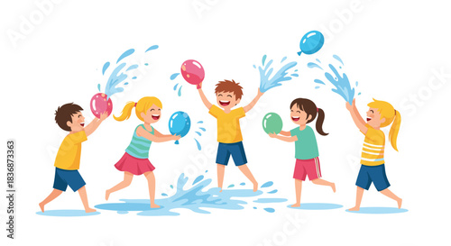 A diverse group of happy children joyfully plays with colorful water balloons, laughing and splashing water in a vibrant summer scene.