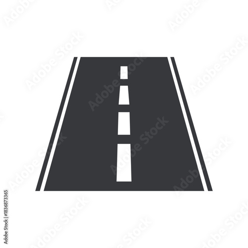 Isolated pictogram of a road with white lane markings, representing highway direction, transportation route, traffic guidance, roadway symbol, and urban infrastructure icon.