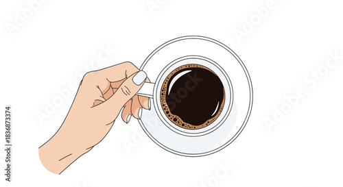 Overhead illustration of a person's hand with white nail polish holding a hot cup of black coffee on a white saucer.