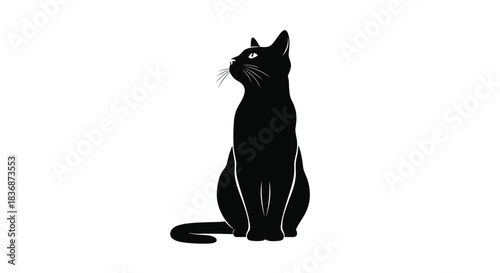 A minimalist illustration of a sleek black cat sitting gracefully and looking up, against a clean white background.