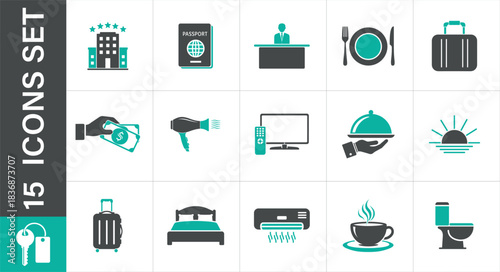 A set of hotel amenities icons. Hotel Service Icons. Include hotel, service, accommodation, dining, 
amenities, lodging, resort, room, passport, luggage, suitcase, reception and more
