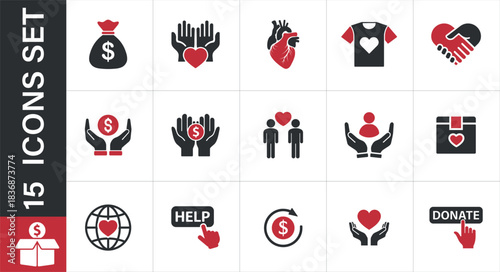Collection of charity and donation icons. Include charity, donation, giving, support, help, care, 
heart, people, fundraising, non-profit, aid, humanitarian and more