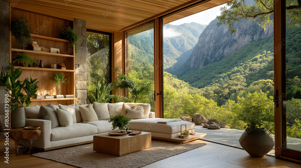 Fototapeta premium Luxurious Mountain View Lounge: A spacious, sun-drenched living area seamlessly blends the comfort of modern design with breathtaking natural surroundings.
