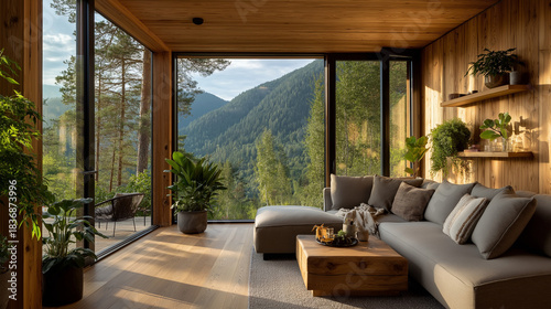 Tranquil Retreat: A serene interior offers breathtaking mountain views, where natural light floods through expansive windows and showcases a harmonious blend of nature and modern design.