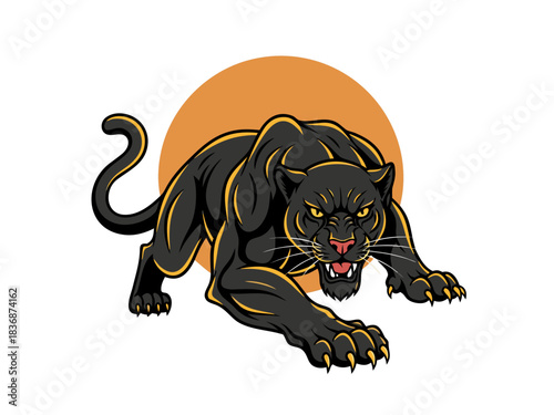 Fierce Black Panther Illustration Crouching in Front of a Vibrant Orange Circle