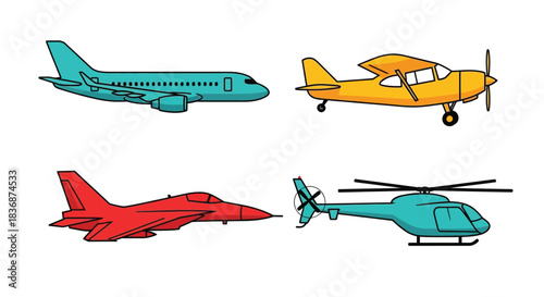 Colorful aircraft including plane, helicopter, and jet
