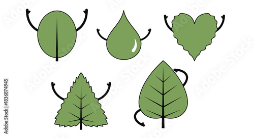 Playful green leaves with arms on white background