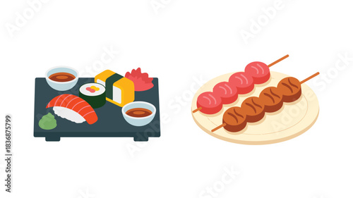 Japanese cuisine skewers and sushi set in flat cartoon style with bright colors on wooden and dark blue background for food blog
