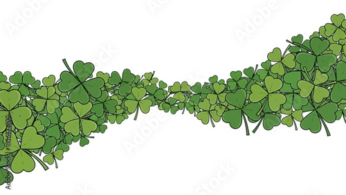 An expressive illustration of abundant green shamrocks forming a dynamic, flowing ribbon-like pattern on a clean white background, symbolizing luck and natural beauty