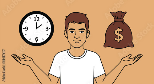 Man balancing time and money in a thoughtful gesture