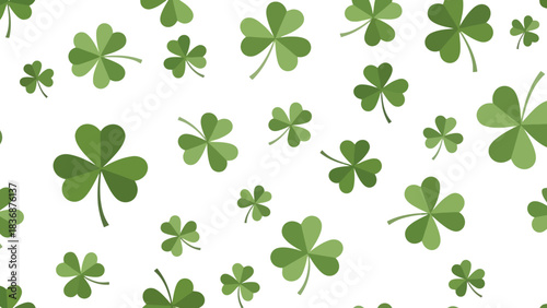 A vibrant and cheerful St. Patrick's Day background featuring a seamless pattern of green shamrocks on a crisp white backdrop, perfect for festive designs and celebrations