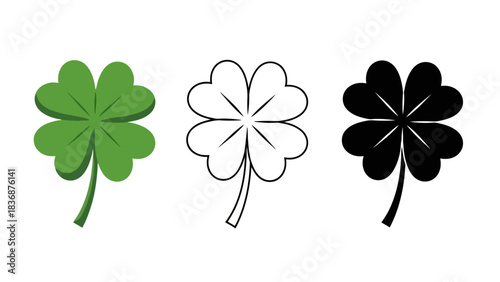 Versatile set of three graphic four-leaf clovers, symbolizing good luck and fortune, presented in distinct green, outline, and solid black styles ideal for diverse design projects