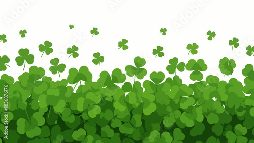 Vibrant green clover and shamrock leaf pattern background, celebrating luck and nature's charm, perfect for seasonal designs and festive borders