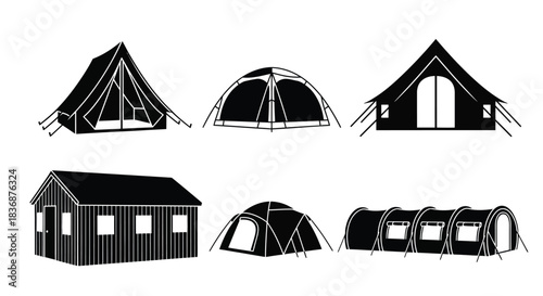 Variety of tents and a cabin for camping and outdoor adventures