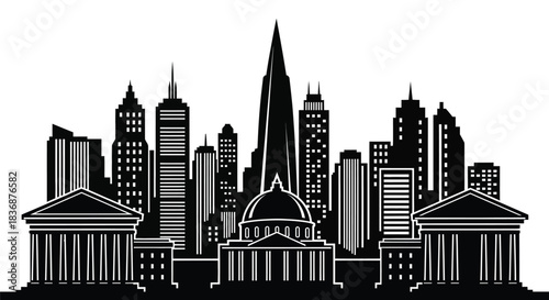 Modern cityscape with sleek skyscrapers and classic architecture