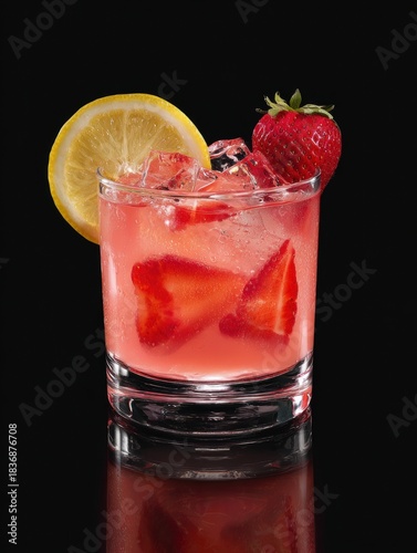 A signature pink vodka drink containing vodka, strawberry and lemonade in a short glass, shot from the side against a black background