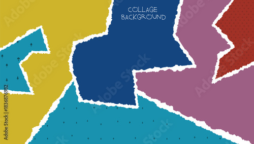 Abstract collage background with torn paper shapes in bold colors and patterns. The layered textures create a playful, handmade aesthetic perfect for creative projects