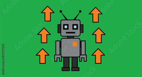 Cute robot character with upward arrows around