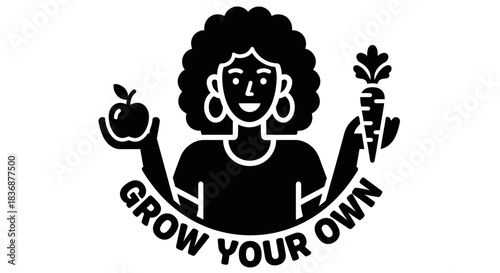 Woman holding apple and carrot with grow your own text