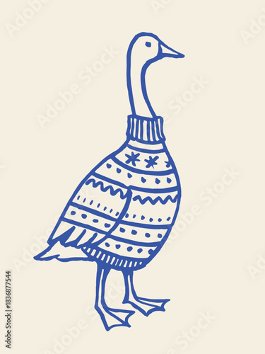 Goose in winter sweater doodle sketch vector illustration